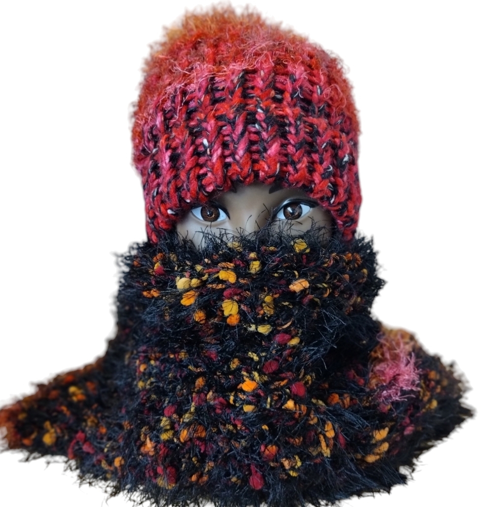 Knit Crochet Hat Scarf Set Colorful OOAK girls size S Multi Color Handmade